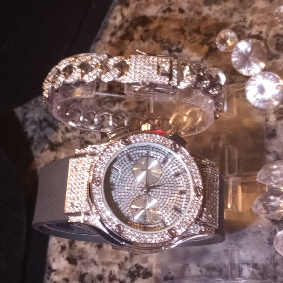 Bracelet & Watch Real Lab Diamonds & 4x's Gold Plated Waterproof No Tarnish Sta
